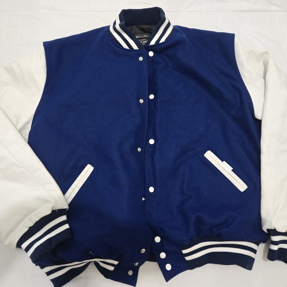Men's Blue and White Varsity Jacket Leather!  RARE Size